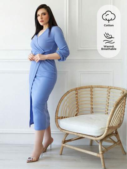 Seusyu Solid Wrap Hem Bodycon Dress