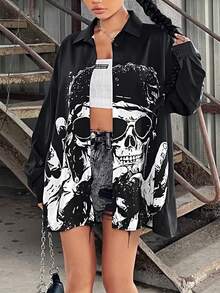SHEIN ICON Skull Print Drop Shoulder Shirt - Black - View 6