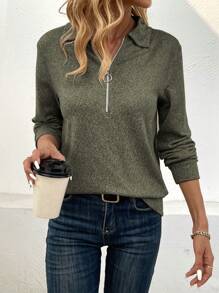 SHEIN LUNE 女性純色半拉鍊襯領t恤 - 軍綠色 - 查看 1