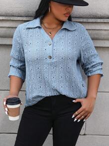 Calvaya Women's Plus Size Mesh Embroidery Button Half Placket Shirt