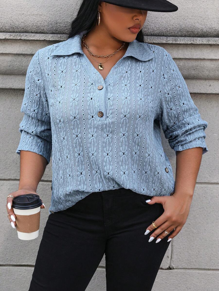 Calvaya Women's Plus Size Mesh Embroidery Button Half Placket Shirt