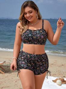 Swim Lushoire Summer Beach Women's Printed Spaghetti Strap Black Plus Size Bikini Set - Multicolor - View 8
