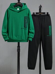 SHEIN Cậu bé Tween Giải trí Thoải mái Lỏng lẻo phù hợp Khối màu Hai chiếc Bộ - màu xanh lá - Xem 1