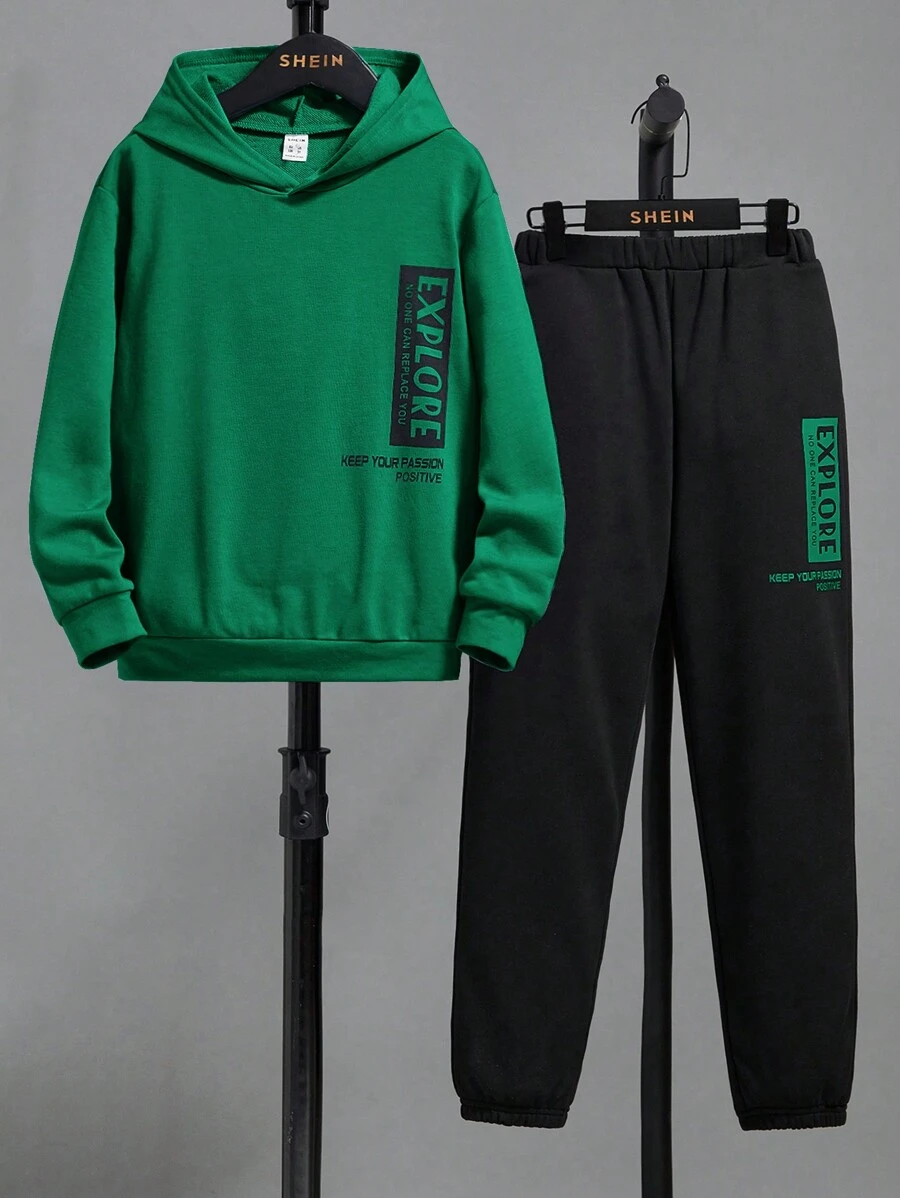 SHEIN Cậu bé Tween Giải trí Thoải mái Lỏng lẻo phù hợp Khối màu Hai chiếc Bộ - màu xanh lá - Xem 1