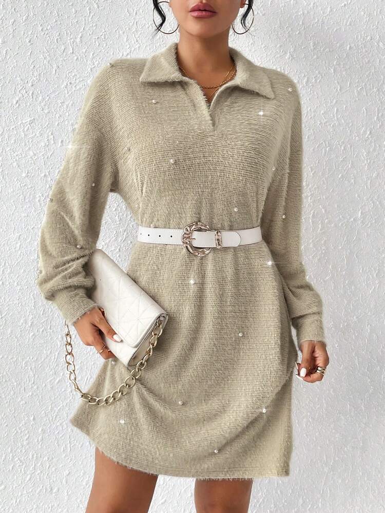 Solid Color Dress With Pearl Decoration