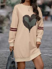 SHEIN LUNE Vestido sudadera con estampado de corazón de hombros caídos - Caqui - Ver 3