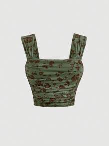 SHEIN MOD 加大碼花卉印花打褶肩帶上衣 - 軍綠色 - 查看 1