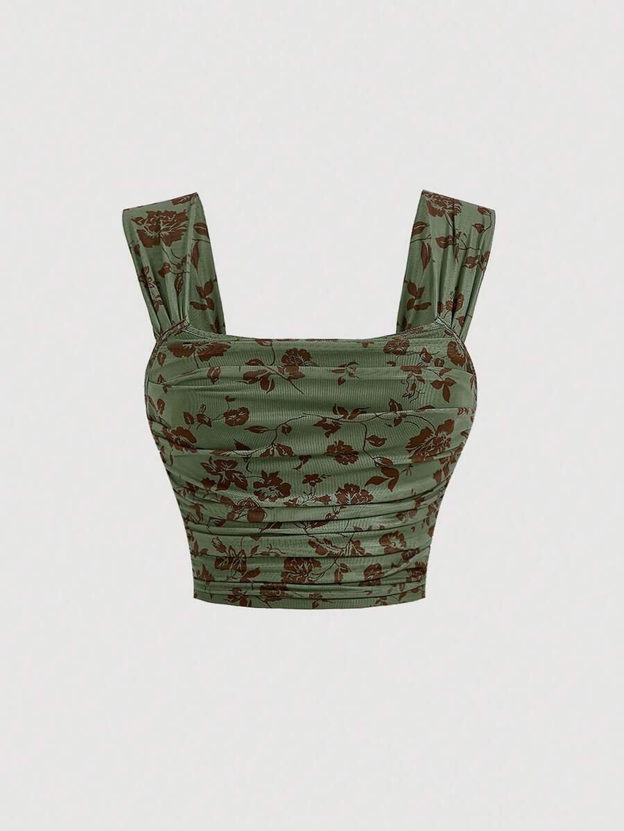 SHEIN MOD Top De Camiseta Plisado Con Estampado Floral De Talla Grande - Verde militar - Ver 1