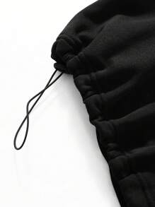 Black Drawstring Hooded Sweatshirt With Half Zipper, Plus Size - Black - View 4