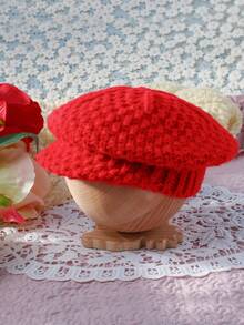 Red Knitted Newborn Baby Boys' Beret Hat, Perfect For Newborn Photography - Red - View 3