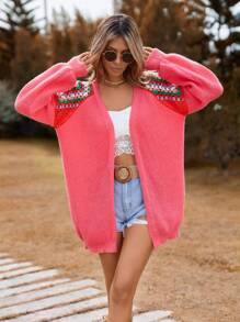 SHEIN VCAY Geo Pattern Raglan Sleeve Duster Cardigan - Hot Pink - View 7
