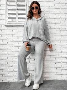 SHEIN LUNE Plus Drop Shoulder Drawstring Hoodie & Pants - Light Grey - View 5