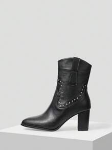 MOTF PREMIUM RIVETED HIGH HEEL CHUNKY MID-CALF BOOTS - Black - View 1