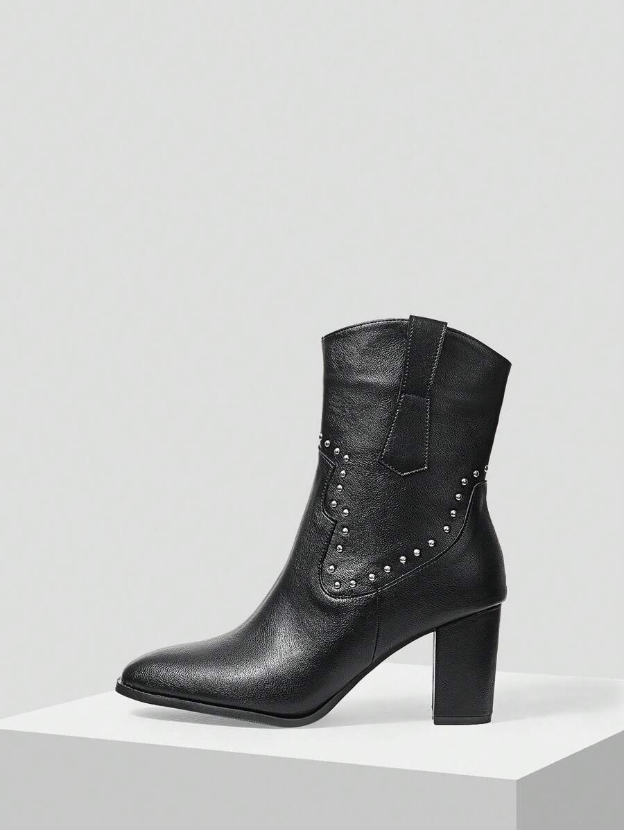 MOTF PREMIUM RIVETED HIGH HEEL CHUNKY MID-CALF BOOTS - Black - View 1