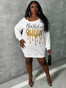 Slaydiva 女式加大码不对称肩部运动衫连衣裙，带字母印花和金属纽扣细节 - 白色 - 查看 4