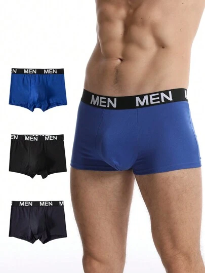 3pcs/set Men's Boxer Shorts With Letter Decoration, Right Angle Cut
