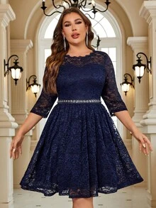 大码女式蕾丝亮片拼接腰部A字半正式派对裙 - 藏蓝色 - 查看 6