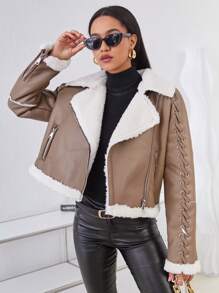 GENKIRA 女款pu皮帶長袖摩托車夾克 - 卡其色 - 查看 1