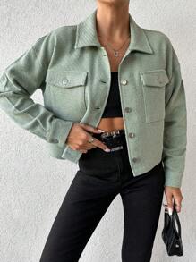 SHEIN Cottnline 女士翻領口袋前開扣夾克 - 綠色 - 查看 1