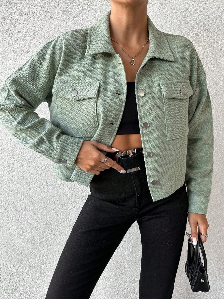 SHEIN Cottnline 女士翻領口袋前開扣夾克 - 綠色 - 查看 1