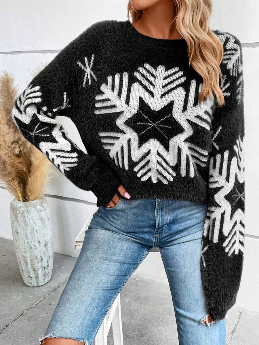 SHEIN LUNE 毛茸茸的毛衣,帶有雪花圖案,掉肩圓領款式 - 黑色 - 查看 1