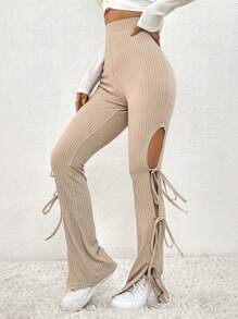 SHEIN Unity Hoch Taillierte Lange Hose Mit Cut-out Und Schnürung - Khaki - Übersicht 1