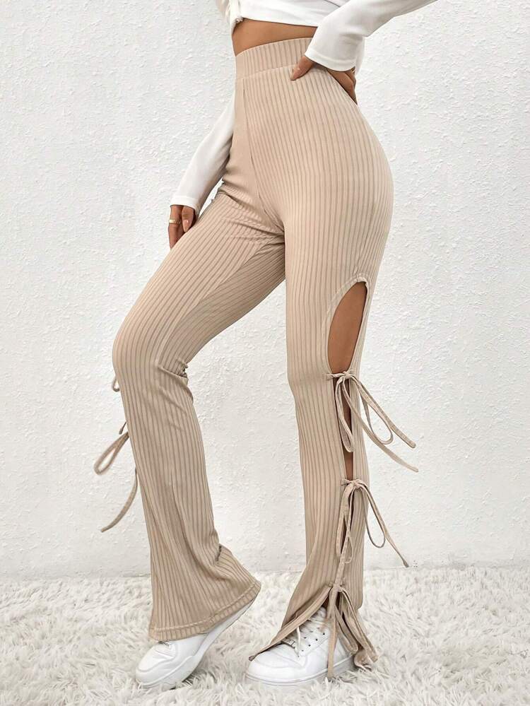 High Waist Cut-Out Lace Up Long Pants Fall Cloth For Women