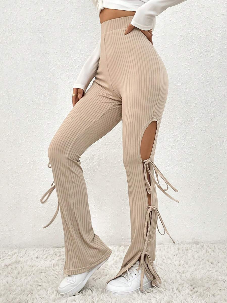 SHEIN Unity Hoch Taillierte Lange Hose Mit Cut-out Und Schnürung - Khaki - Übersicht 1