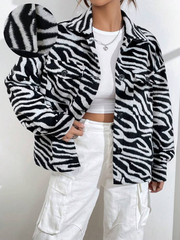 Women's Regular Fit Black & White Coat