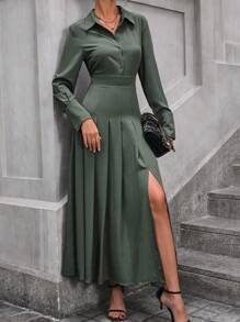 SHEIN Clasi 女式高開叉襯衫洋裝 - 綠色 - 查看 7