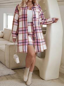 SHEIN Essnce Women's Plus Size Plaid Jacket And Skirt Set - Pink - View 3