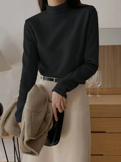 DAZY 女士纯色立领打底衫 T 恤长袖女上衣，秋季女装立领女装