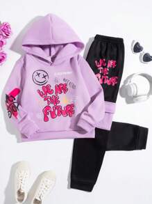 SHEIN Tween Girls' Sweet Cartoon Letter Pattern Hooded Sweatshirt And Pants Set - Mauve Purple - View 1