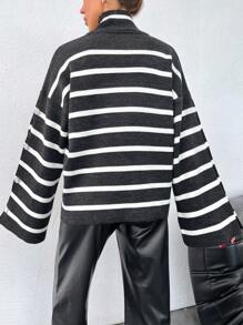 EURMUSE Women's Striped High Neck Sweater With Button Detail And Flare Sleeves - Black - View 2