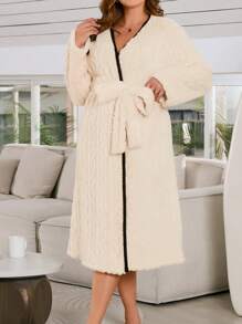 加大碼女士絨布浴袍連腰帶 - 杏色 - 查看 5