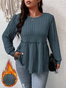 EMERY ROSE Kích thước lớn Của phụ nữ Sọc Hem Ruffle Áo thun - Màu xanh bụi bặm - Xem 1