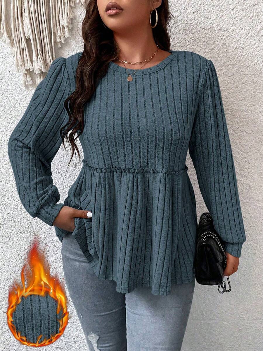 EMERY ROSE Kích thước lớn Của phụ nữ Sọc Hem Ruffle Áo thun - Màu xanh bụi bặm - Xem 1