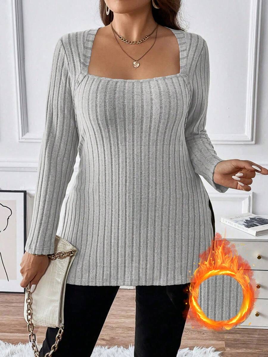 Calvaya Hơn Cổ vuông Viền chia cắt Áo thun - Xám - Xem 1