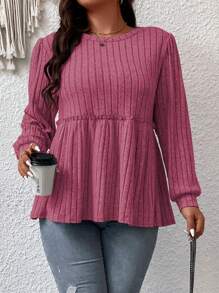 Kích thước lớn Của phụ nữ Màu thuần Xù Peplum Hem Áo thun In Chất vải - Màu Hồng Tươi - Xem 5