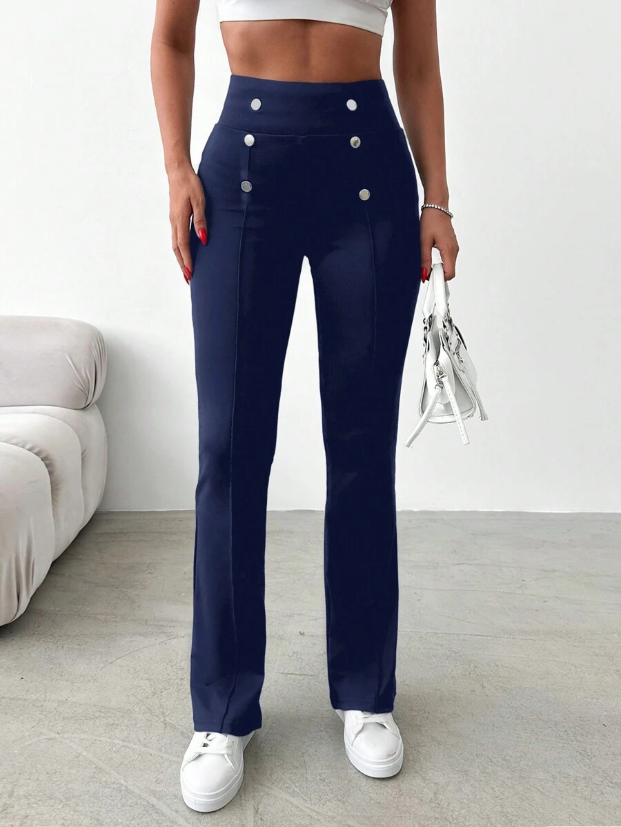 EURMUSE High Waist Button Detail Pants - Navy Blue - View 1