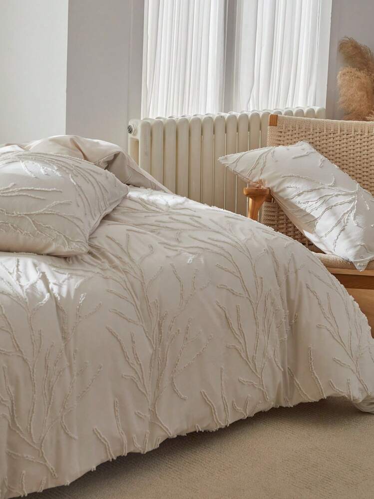 3PCS Beige Branches Pattern Tufted Textured Polyester Duvet Cover Set, Modern Boho Bedding Set For All Seasons, Soft, Breathable, Machine Washable, Comforter Cover Set For Guests Room (1 Duvet Cover+ 2 Pillowcases) - Beige - View 2