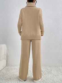 EMERY ROSE 2pcs/set Solid Color Sweater Suit - Camel - View 3