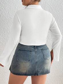 Flirla Plus Size Long Sleeve Turn-down Collar T-shirt - White - View 2