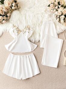 花卉刺繡睡衣 3 件套 - 白色 - 查看 1