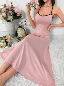 对比色蕾丝露背吊带睡裙睡衣长裙 - 粉色 - 查看 5