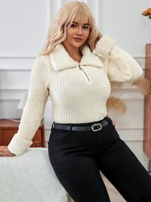 Calvaya Kích thước lớn Của phụ nữ Dây kéo Cổ áo cao Một nửa thân trước Áo len - Màu be - Xem 3