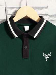 SHEIN Cậu bé Tween Bằng phẳng Dệt kim Vòng cổ Tay áo dài Lỏng lẻo Và Thoải mái Áo polo - màu xanh lá - Xem 4
