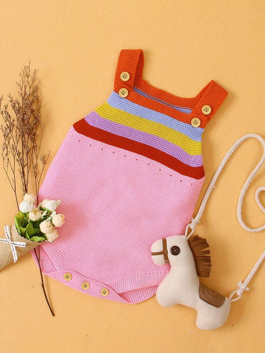 Em bé Cô gái Sọc Khối màu Đan Romper - Hồng - Xem 1