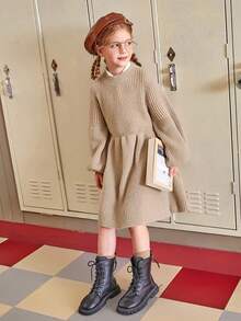 SHEIN 少女翻领灯笼袖毛衣连衣裙 - 卡其色 - 查看 4