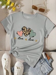 SHEIN Essnce 女款心形和字母印花t恤 - 灰色 - 查看 1